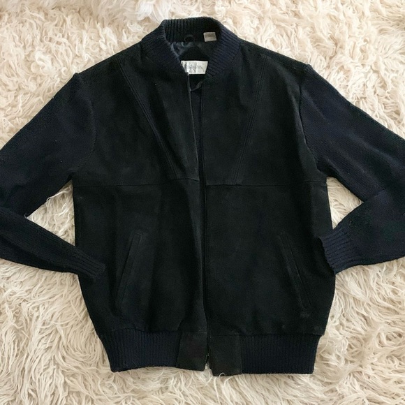 Elemental Stretch | Black Leather Front Knit XL Jacket Coat - Picture 2 of 10